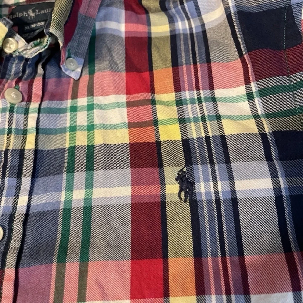 Ralph Lauren Plaid Shirt Boys XL (18-20) Blue Red Short Sleeve Button Down